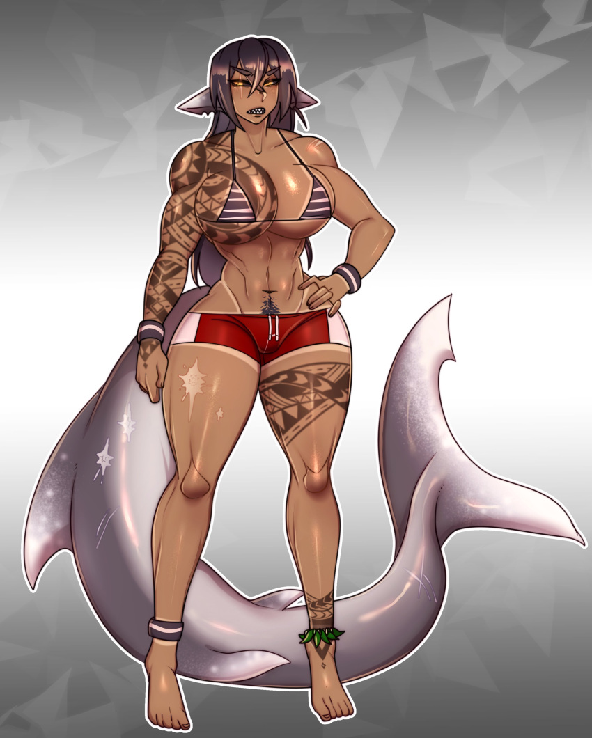 1girls big_breasts bikini black_hair black_sclera dark-skinned_female dark_skin female female_only humanoid inkbuns looking_at_viewer marine marine_humanoid narrowed_eyes original pointy_ears pubic_hair_peek scar scars shark_girl shark_tail sharp_teeth solo solo_female swimwear tail tattoo tattooed_arm tattooed_breast tattooed_leg teeth_showing thick_thighs very_high_resolution yellow_eyes