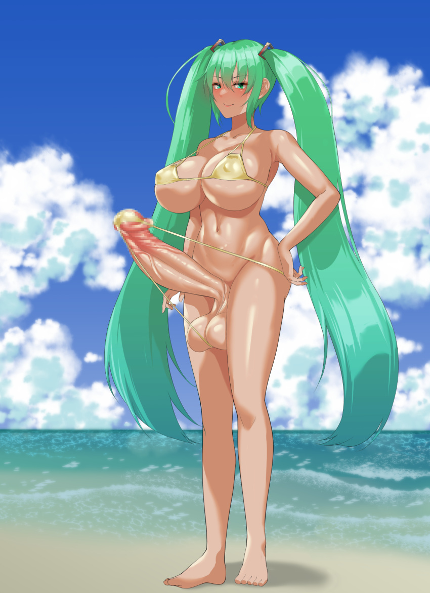 1futa balls beach big_balls big_breasts big_penis blue_hair breasts censored censored_penis clothed clothing erect_penis erection fujidmc12 futa_only futanari hatsune_miku huge_breasts huge_cock human hyper hyper_penis light-skinned_futanari light_skin long_hair mostly_nude penis solo solo_futa standing testicles twintails vocaloid