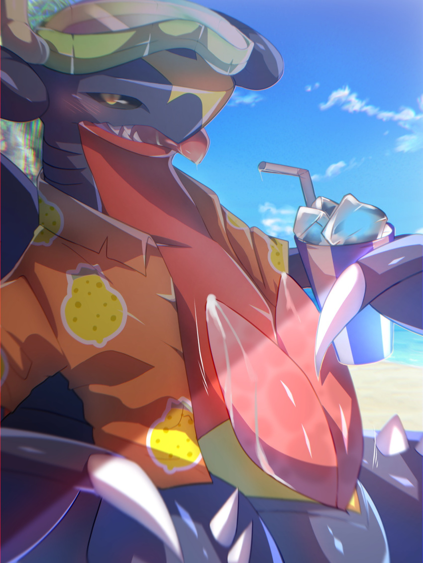 animal_genitalia animal_penis beach beach_style_garchomp blue_body blush bodily_fluids bottomless bottomless_male clothed clothing cloud diphallia diphallism dragon garchomp generation_4_pokemon genital_fluids genitals hemipenes hi_res holowear_(pokémon) ice_cube male male_only mame02550912 multi_genitalia multi_penis nintendo orange_clothing orange_shirt orange_topwear penis pokémon_unite pokemon pokemon_(species) pokemon_unite precum scalie seaside semi-anthro shirt slit snorkel solo spikes straw topwear video_games