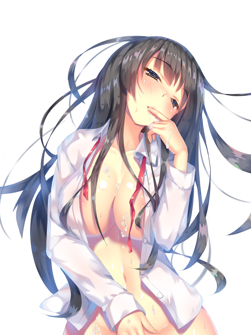 1girls a.x. areola bottomless breast_hold clothing cum female female_only no_bra open_shirt see-through seifuku