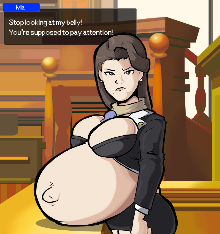 1girls belly big_belly big_breasts breasts brown_hair cleavage female gyakuten_saiban mia_fey nasuokaa-san pregnant text