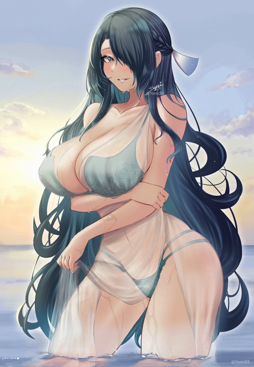 akano_yomi aqua_bikini aqua_bra aqua_panties aqua_swimsuit aqua_underwear arm_under_breasts azuma_fubuki bangs bare_shoulders bikini bikini_under_clothes black_hair blue_eyes blue_hair blue_sky blush bra braid breasts clavicle cleavage clothing cloud cowboy_shot crossed_arms curvaceous day eyes_visible_through_hair female female french_braid grin hair_between_eyes hair_ornament hair_over_one_eye hair_ribbon holding_arm holding_own_arm huge_breasts large_breasts long_hair looking_at_viewer mato_seihei_no_slave milf multi-strapped_bikini navel ocean on_water open_mouth outdoors pantsu parted_lips partially_submerged ribbon see-through side_braid signature sky smile solo standing sunlight swimsuit swimsuit_under_clothes thick_thighs thighs tied_hair underwear veil very_long_hair wading water wet