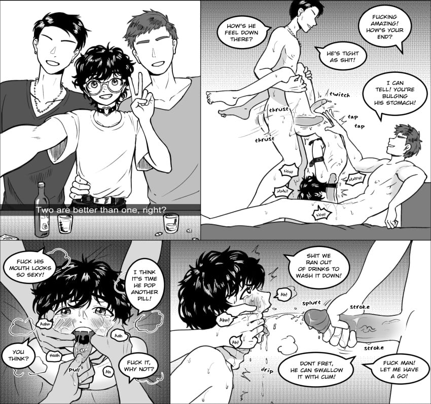 3boys abdominal_bulge anal anal_penetration anal_sex arms_behind_back arms_tied balls black_and_white black_hair blush bondage bound choker choking comic cum cum_in_mouth deepthroat drugged drugs english_text faceless_male fingers_in_mouth gay gay_domination glasses greyscale kei_(zincubis) male male/male/male male_only mmm_threesome naked nude oral oral_penetration oral_sex peace_sign penetration penis short_hair speech_bubble stomach_bulge tears text threesome twink yaoi zincubis