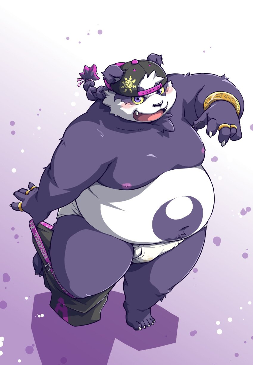 2021 absurd_res alp_(tokyo_afterschool_summoners) anime_style anthro baseball_cap bear belly big_belly black_nose blue_eyes blush bottomwear braided_hair briefs claws clothing fur furry giant_panda hair hat headgear headwear hi_res humanoid_hands kemono lifewonders male mammal moobs navel nipples open_mouth overweight overweight_anthro overweight_male panda purple_body purple_eyes purple_fur purple_hair ring shorts solo stained_clothing stained_underwear takagi_kyou teeth_showing tighty_whities tokyo_afterschool_summoners tongue_showing topless underwear undressing urine_stain ursid video_games white_body white_briefs white_clothing white_fur white_underwear