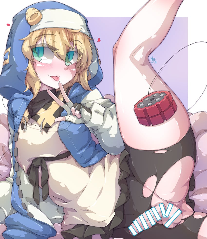 1boy balls blonde_hair blue_eyes blush bridget censor_bar censored compression_shorts eko. fingerless_gloves gloves guilty_gear guilty_gear_strive hoodie light_skin male male_only penis ripped_clothing ripped_shorts shorts solo solo_male spandex_shorts testicles thick_thighs thighs yo-yo