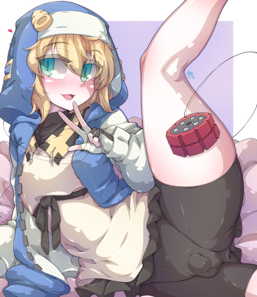 1boy anus_outline balls bike_shorts blonde_hair blue_eyes blush bridget bulge compression_shorts eko. fingerless_gloves gloves guilty_gear guilty_gear_strive hoodie light_skin male male_only penis_bulge shorts solo solo_male spandex_shorts thick_thighs thighs yo-yo