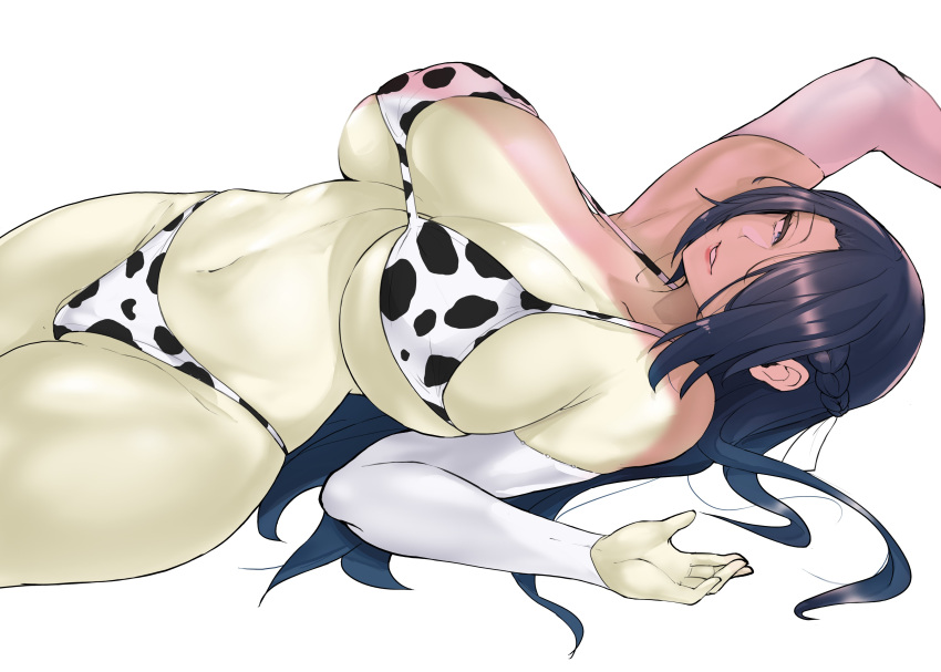 azuma_fubuki blue_eyes blue_hair braid cow_print cow_print_bikini curvaceous elbow_gloves hair_over_one_eye large_breasts long_hair mato_seihei_no_slave milf navel on_back puzenketsu seductive swimsuit wide_hips