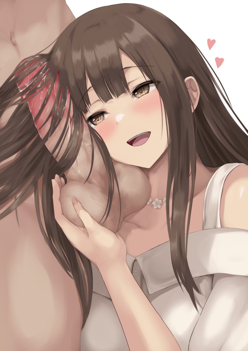 1boy :d absurdres bangs bare_shoulders blush brown_eyes brown_hair cheek_press collarbone commission female hairjob heart highres idolmaster idolmaster_cinderella_girls mizumoto_yukari open_mouth penis shimofuji_jun shirt short_sleeves skeb_commission smile solo_focus straight testicles uncensored upper_body white_shirt