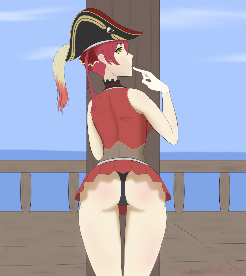 black_panties female gloves hololive hololive_fantasy hololive_japan houshou_marine kawaiiredpandas looking_at_viewer looking_back pirate pirate_hat red_hair ribbon short_skirt solo virtual_youtuber yellow_eyes