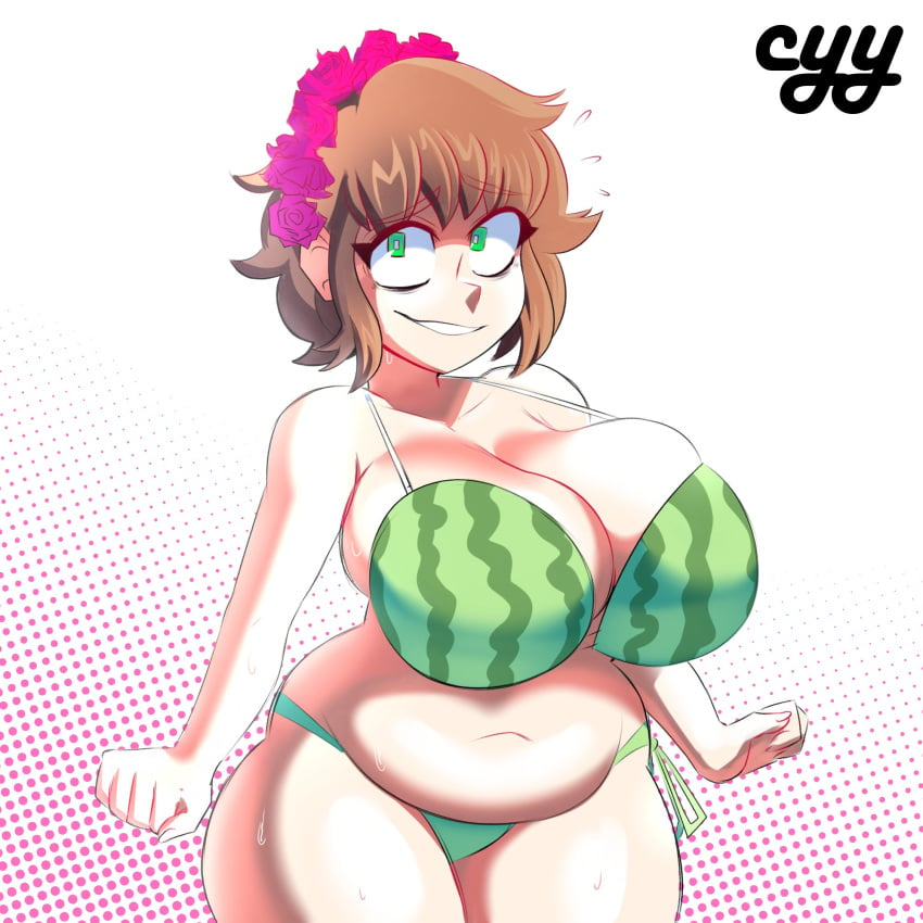 1girls 2022 belly big_breasts bikini breasts brown_hair chubby chubby_female cleavage curvaceous curvy cyyfapse cyynapse ellie_(paladin) eyebrows_visible_through_hair female female_focus green_eyes hips solo solo_female solo_focus swimsuit thick_thighs thighs voluptuous watermelon_bra wide_hips