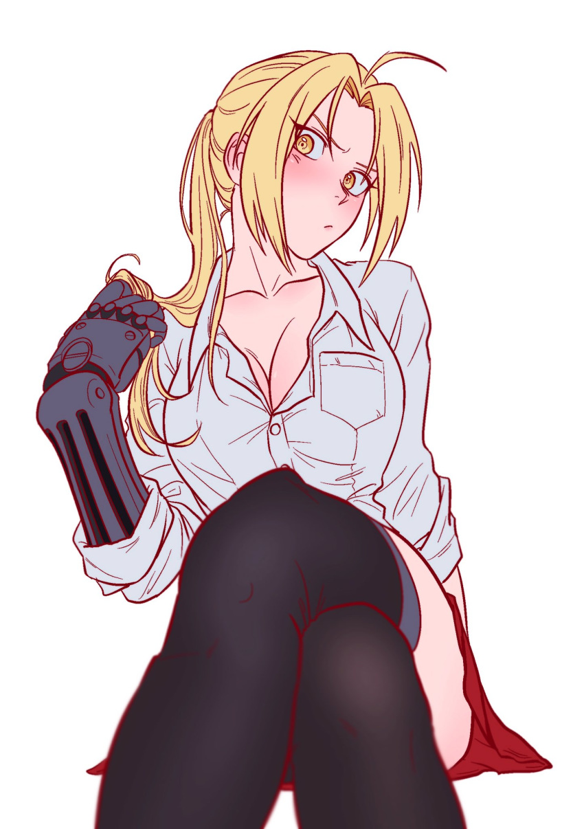 1girls annoyed annoyed_expression annoyed_face artist_request automail big_breasts blonde_female blonde_hair blush blushing breasts busty buttoned_shirt edward_elric edwina_elric female female_only fullmetal_alchemist fullmetal_alchemist_brotherhood genderswap_(mtf) gold_eyes leggings looking_at_viewer metal_arm o_nakk ponytail prosthetic prosthetic_arm prosthetic_hand prosthetic_limb rule_63 shirt shy tagme tagme_(artist) thigh_highs thighhighs yellow_eyes