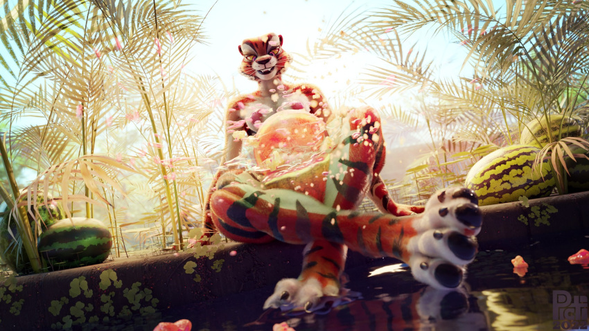 1girls 3d bare black_stripes breasts dreamworks felid female food fruit fur hi_res kung_fu_panda mammal master_tigress melon muscular nude orange_body orange_fur pantherine picti plant red_eyes small_breasts solo stripes tagme tiger water watermelon yellow_sclera