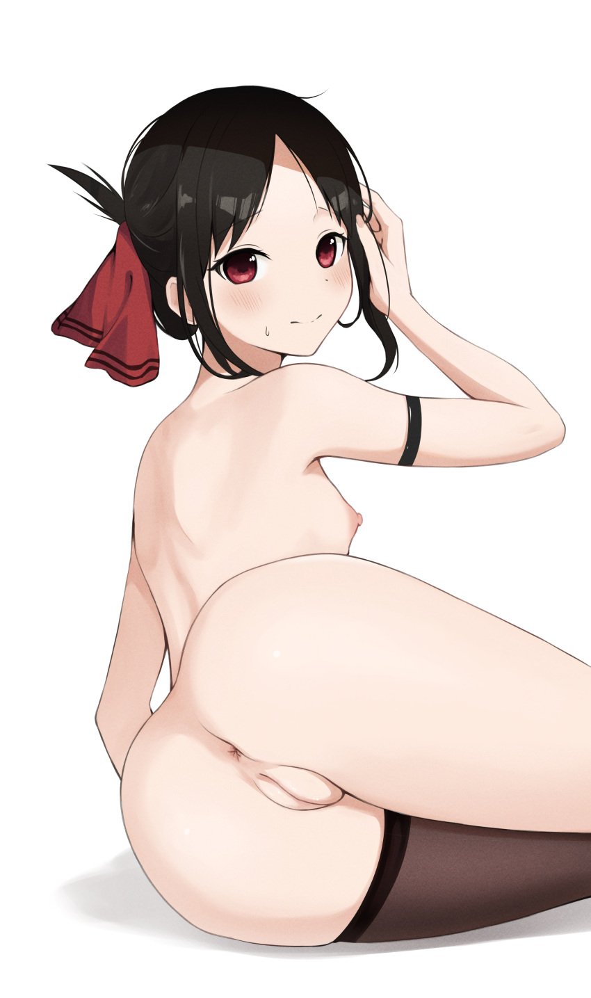 /// 1girls adjusting_hair anus areolae ass asymmetrical_legwear bare_back bare_shoulders black_hair black_legwear black_stockings blush breasts coro_fae embarrassed female female_only flat_chest hair_ribbon hand_on_head highres kaguya-sama_wa_kokurasetai_~tensai-tachi_no_renai_zunousen~ legs legwear light-skinned_female looking_at_viewer looking_back nervous nipples presenting presenting_hindquarters pussy red_eyes shinomiya_kaguya short_hair shoulder_strap shy small_breasts smile solo stockings sweatdrop thighhighs thighs tied_hair uncensored vagina white_background