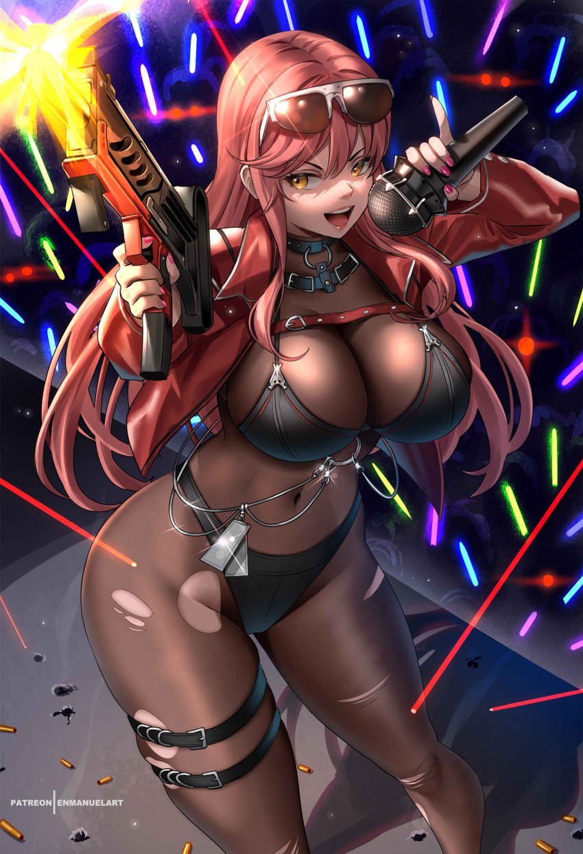 1girls bikini black_bikini bodystocking breasts concert enmanuelart20 female goddess_of_victory:_nikke gun hips huge_breasts long_hair microphone red_hair shooting smile sunglasses sunglasses_on_head tan tan-skinned_female tanned_skin thick_thighs thighs volume_(nikke) weapon wide_hips yellow_eyes