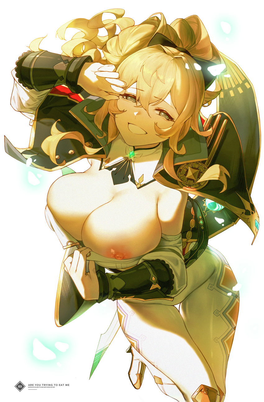 1girls areolae big_breasts blonde_female blonde_hair breasts cleavage clothed female female_only genshin_impact hair_ribbon half-closed_eyes hand_to_face happy highres jean_gunnhildr l_ract large_breasts light-skinned_female long_hair looking_at_viewer nipple_slip nipples ponytail presenting presenting_breasts seductive smile solo standing uniform white_background