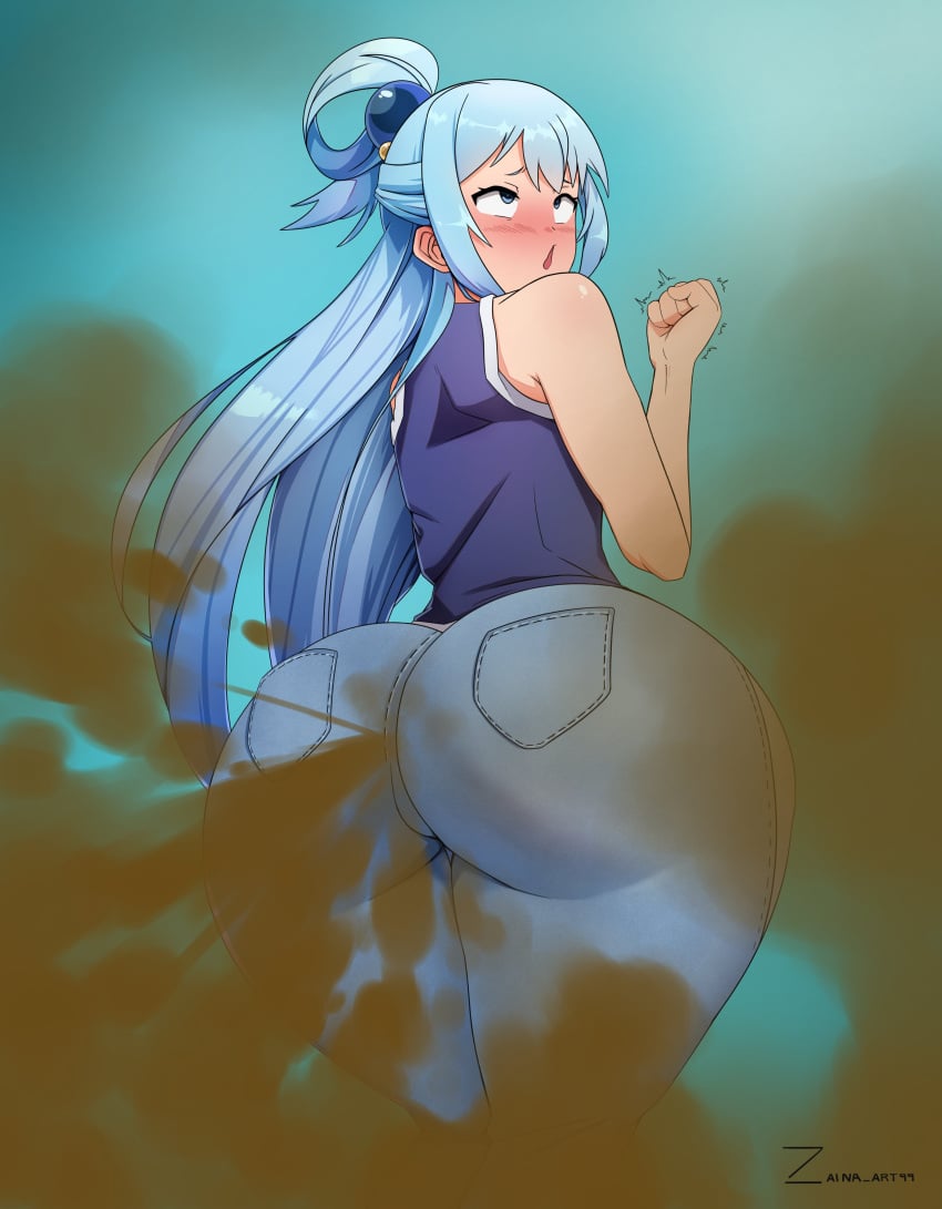 1girls aqua_(konosuba) big_ass big_butt blue_eyes blue_hair blush fart fart_cloud fart_fetish farting full_of_gas jeans kono_subarashii_sekai_ni_shukufuku_wo! open_mouth rear_view solo_female thick_thighs zaina_art99