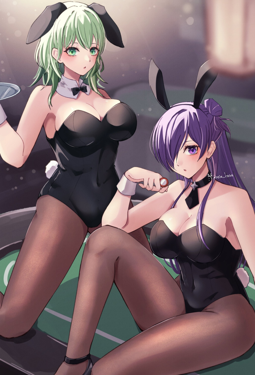 2girls absurdres alternate_costume animal_ears bangs bare_shoulders black_leotard blush bow breasts byleth_(fire_emblem) byleth_(fire_emblem)_(female) choker cleavage detached_collar enlightened_byleth_(female) fake_animal_ears female female_only fire_emblem fire_emblem:_three_houses fire_emblem_warriors:_three_hopes green_hair hair_bun hair_over_one_eye highres large_breasts leotard long_hair looking_at_viewer medium_hair multiple_girls nintendo open_mouth playboy_bunny purple_eyes purple_hair rabbit_ears reia_hana shez_(female)_(fire_emblem) shez_(fire_emblem) single_hair_bun strapless strapless_leotard waitress wrist_cuffs