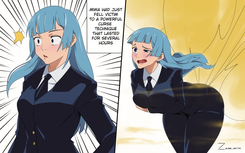 1girls bent_forward blue_eyes blue_hair blush english_text fart fart_cloud fart_fetish farting jujutsu_kaisen kasumi_miwa open_mouth solo_female text text_box tie zaina_art99