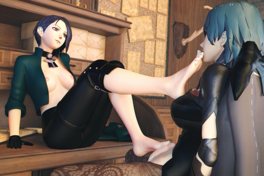 3d barefoot black_toenails breasts breasts_out byleth_(fire_emblem) byleth_(fire_emblem)_(female) dawadd desk fire_emblem fire_emblem:_three_houses foot_fetish footjob jacket_only nintendo nipples open_jacket shamir_nevrand sitting sitting_on_desk