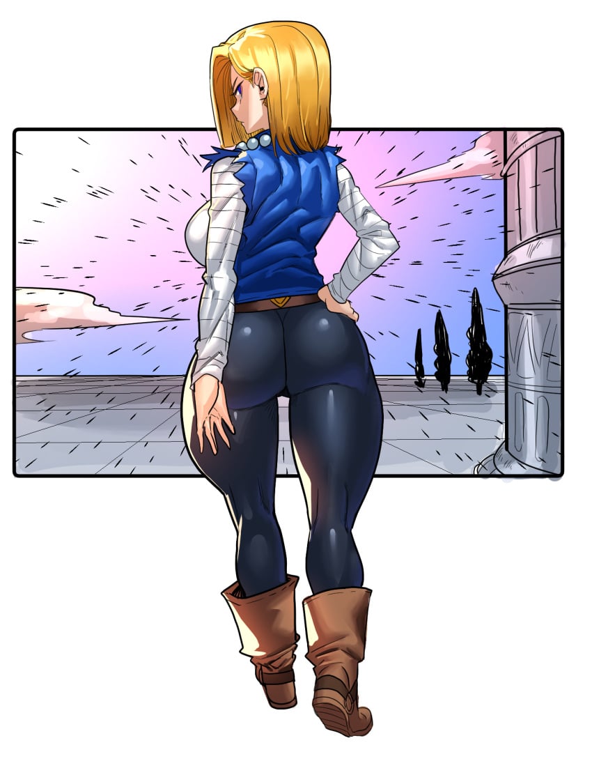 1girls android_18 big_breasts blonde_female blonde_hair dragon_ball gamjasssak large_breasts muscular_female