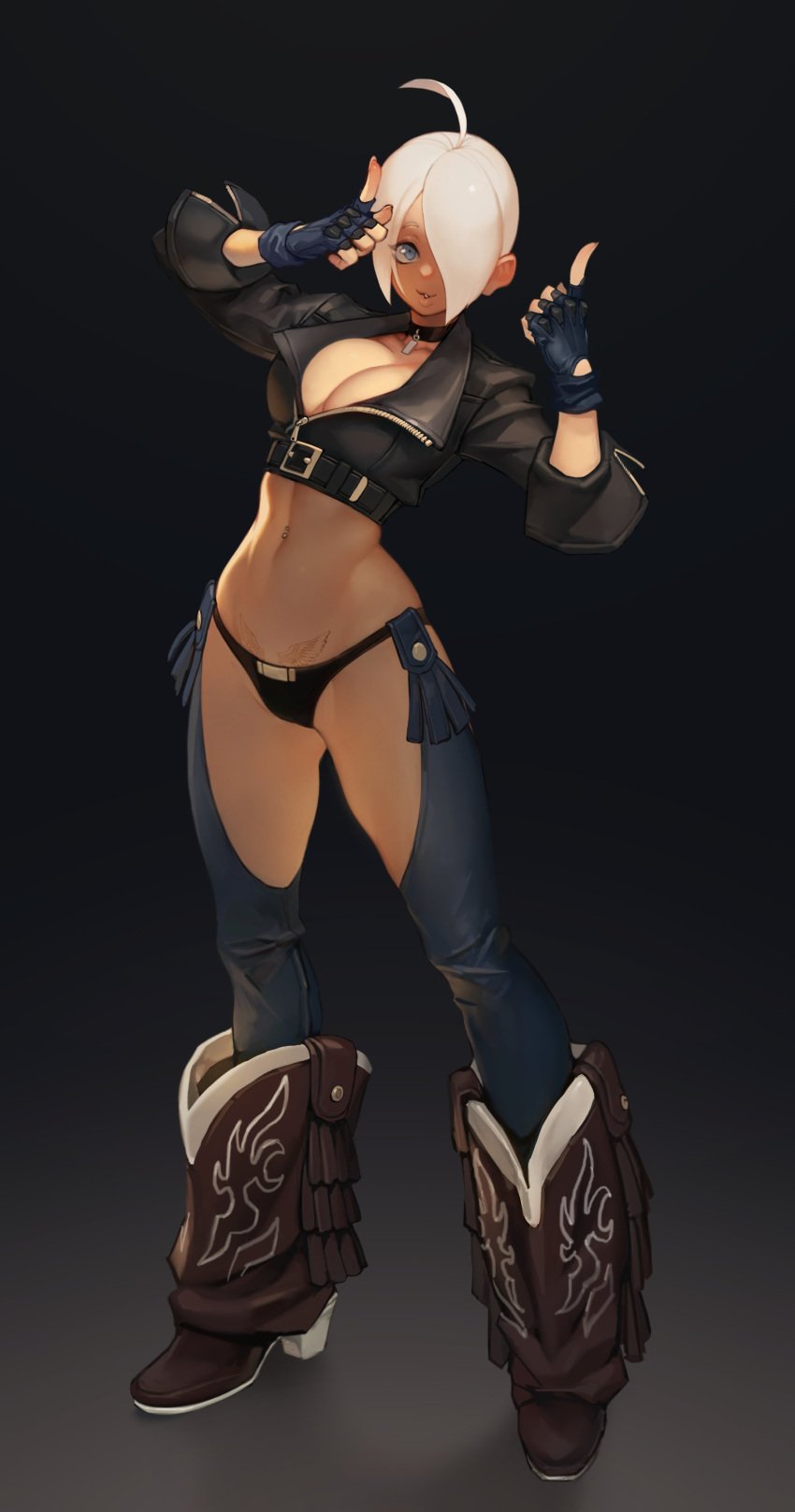 1girls angel_(kof) big_breasts blue_eyes boots breasts busty chaps cleavage cowboy_boots dark-skinned_female dark_skin duto female fingerless_gloves king_of_fighters large_breasts leather_gloves leather_jacket looking_at_viewer navel navel_piercing piercing short_hair smile snk tattoo toned white_hair