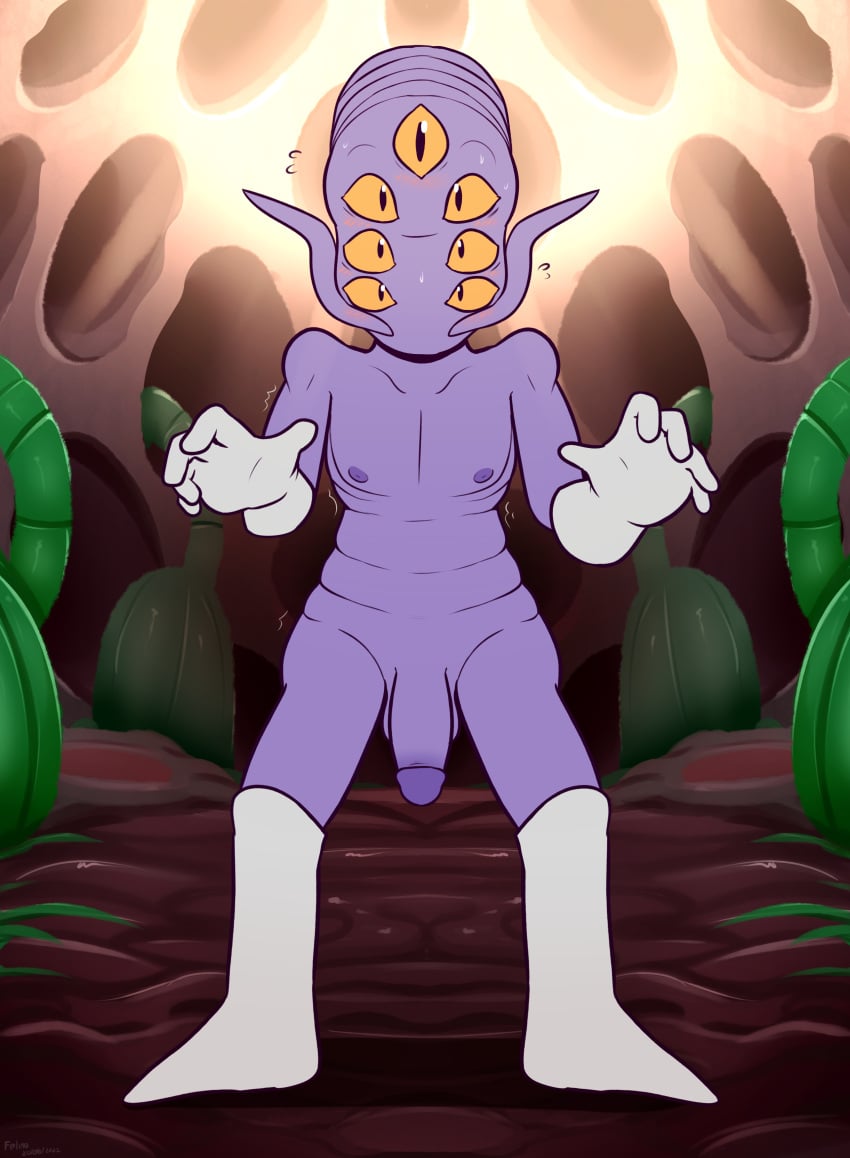 2022 absurd_res alien amber_sclera arms_bent bald balls barbel_(anatomy) blush blush_lines bodily_fluids boots cave cavern circumcised clothing daikaijuu_monogatari detailed_background digital_media_(artwork) doctor_nova_(daikaijuu_monogatari) felino flaccid flesh_whiskers flying_sweatdrops footwear front_view full-length_portrait genitals gloves handwear hi_res humanoid humanoid_genitalia humanoid_penis looking_at_viewer looking_forward male mostly_nude mostly_nude_male motion_lines motion_outline mouthless multi_eye nipples no_irises noseless not_furry penis pipes portrait pupils purple_balls purple_body purple_nipples purple_penis purple_skin shaking slit_pupils solo solo_male standing surprise sweat sweatdrop sweaty_face white_boots white_clothing white_footwear white_gloves white_handwear wide_eyed wide_stance