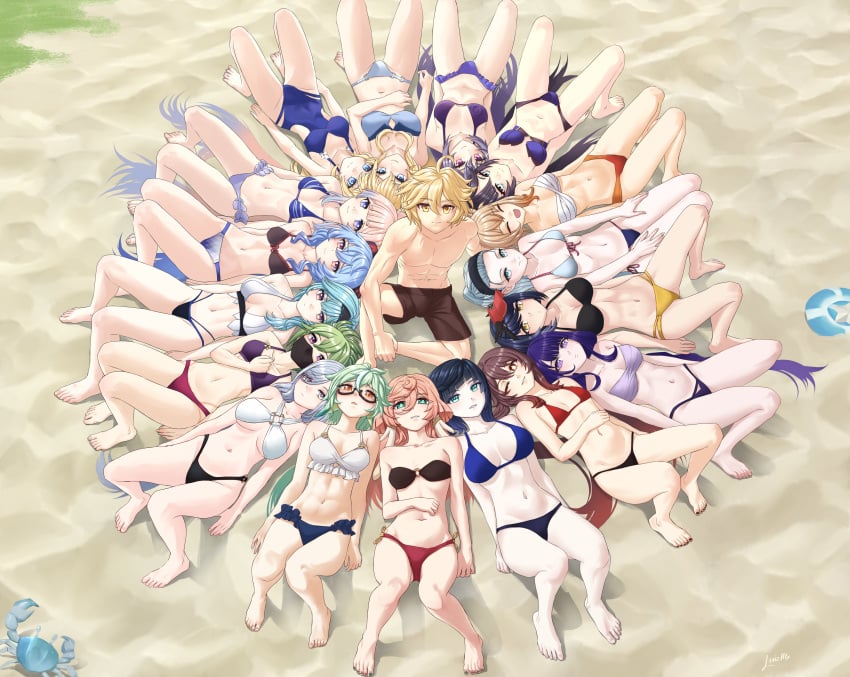 >_< 1boy 20girls 6+girls ^_^ absurd_res absurdres aether_(genshin_impact) alternate_costume amber_(genshin_impact) animal aqua_hair arm_rest arm_support barbara_(genshin_impact) barefoot beach bent_over bikini black_hair blonde_hair blue_eyes blue_hair breasts brown_hair circle_formation cleavage closed_eyes completely_nude crab day eula_(genshin_impact) everyone feet female fischl_(genshin_impact) fisheye from_above ganyu_(genshin_impact) genshin_impact glasses green_eyes green_hair grey_hair hair_between_eyes hair_slicked_back hairband harem hi_res highres hu_tao_(genshin_impact) human incest jean_gunnhildr kamisato_ayaka keqing_(genshin_impact) knees_up kujou_sara kuki_shinobu large_breasts leaning_back legs legs_apart light_brown_hair linea_alba long_hair looking_at_viewer luizhtx lumine_(genshin_impact) lying male mask medium_hair mona_(genshin_impact) mouth_mask multicolored_hair multiple_girls naked navel nipples nude nun on_back one-piece_swimsuit one_eye_closed open_mouth outdoors pale_skin pink_hair purple_eyes purple_hair pussy raiden_shogun sand sangonomiya_kokomi shenhe_(genshin_impact) side_ponytail sitting small_breasts smile standing stomach sucrose_(genshin_impact) surrounded_by_breasts surrounded_by_pussies surrounded_by_women swimsuit toes very_long_hair yae_miko yanfei_(genshin_impact) yelan_(genshin_impact) yoimiya_(genshin_impact)