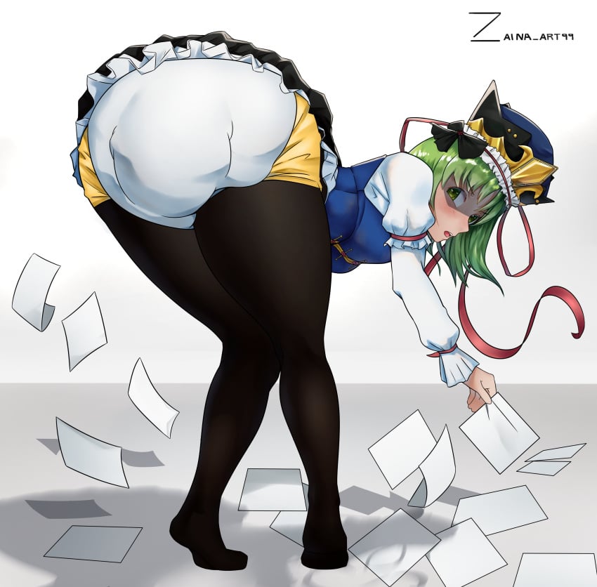 1girls ass bent_over diaper eiki_shiki green_eyes green_hair looking_back open_mouth skirt solo_female tights touhou zaina_art99