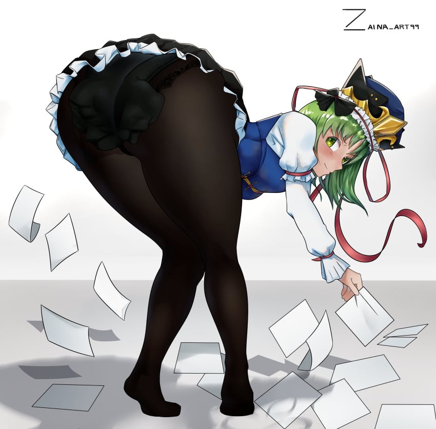 1girls ass bent_over black_panties eiki_shiki green_eyes green_hair looking_back panties panty_poop panty_pooping scat shitting shitting_self skirt smile soiling solo_female tights touhou zaina_art99