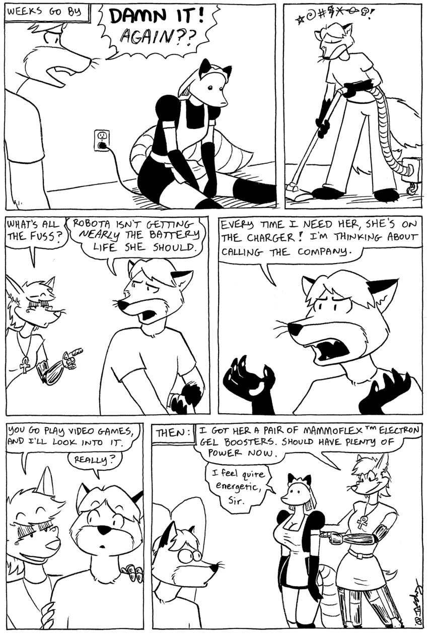 black_and_white canid canine canis clothing comic cybernetics cyborg female fox hi_res humor jackal machine maid_uniform male mammal monochrome robot sex tegerio uniform