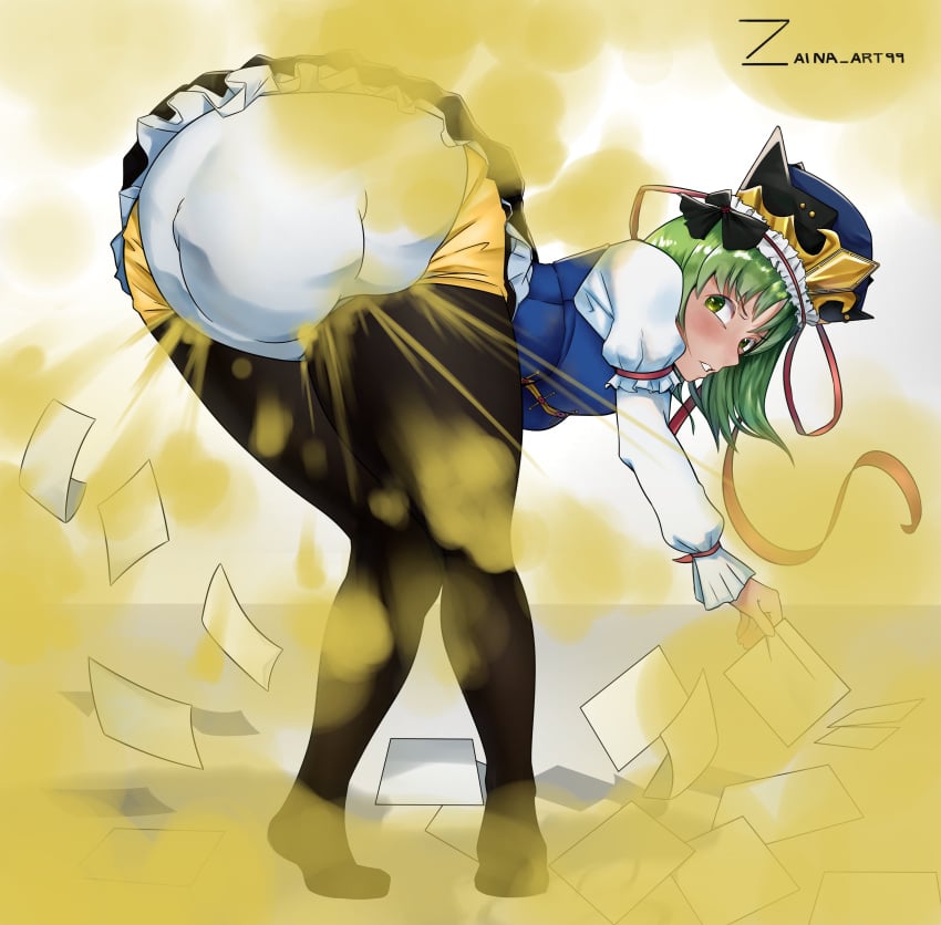 1girls ass bent_over diaper eiki_shiki fart fart_cloud fart_fetish farting green_eyes green_hair looking_back shit skirt solo_female tights touhou zaina_art99