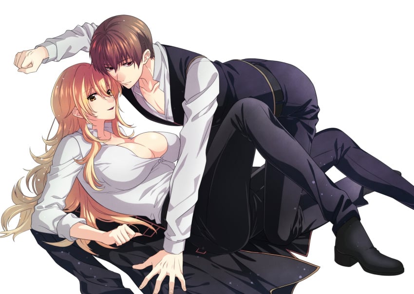 1boy 1girls aburi_rare big_breasts blonde_female blonde_hair brown_hair canon_genderswap cleavage female fully_clothed genderswap_(mtf) gintama kondou_goriko kondou_isao long_hair looking_at_viewer male no_bra okita_sougo on_back open_shirt police police_uniform policewoman red_eyes rule_63 shinsengumi_(gintama) uniform yellow_eyes