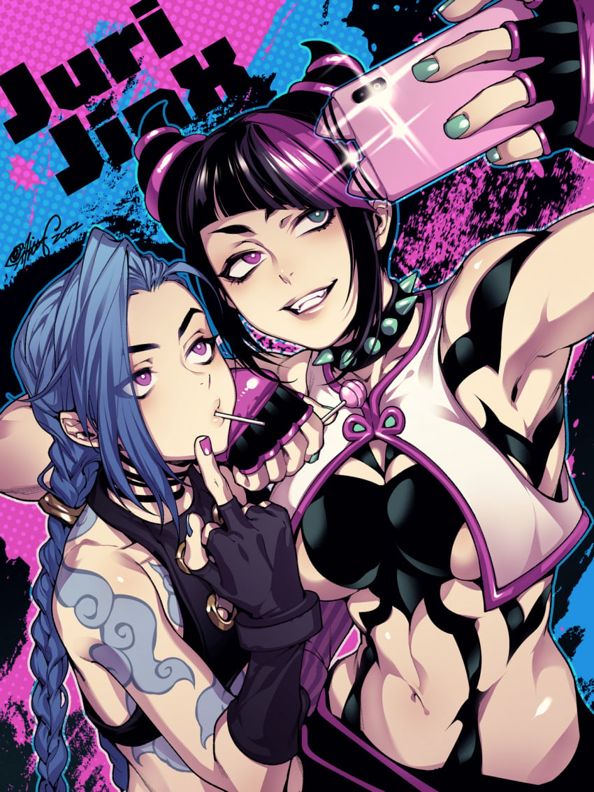 2girls arcane_jinx armpits bodypaint braid breasts capcom crossover fangs female female_only fishine gloves jinx_(league_of_legends) juri_han large_breasts league_of_legends lollipop middle_finger midriff navel phone pubic_hair purple_eyes selfie small_breasts street_fighter street_fighter_6 tattoo