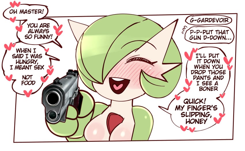 1girls at_gunpoint big_breasts breasts comedy dialogue english_text female female_pokemon funny gardevoir green_hair gun gunpoint happy heart humor meme nintendo offscreen_character offscreen_male pokémon_(species) pokemon pokemon_(species) saltyxodium tagme text threatening yandere