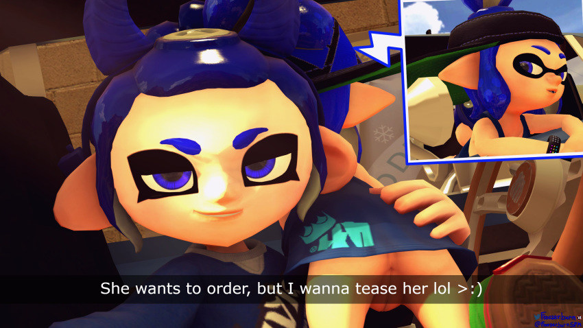 2girls 3d convex_(freezerburn) dev_(freezerburn) drive_thru female female_focus female_only freezerburnsfm he_wants_to_order inkling inkling_girl looking_at_viewer meme nintendo octoling octoling_girl sfm she_wants_to_order source_filmmaker splatoon splatoon_2 text text_box vagina