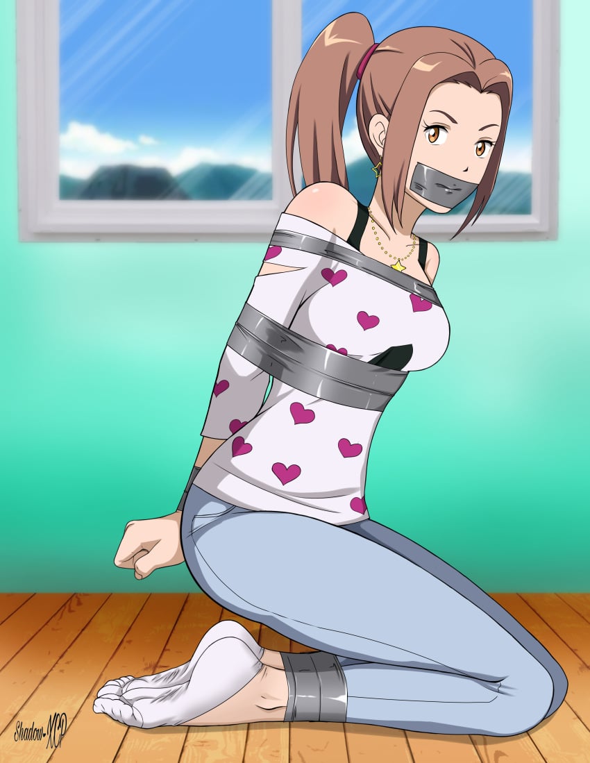 arms_tied_behind_back bondage bound_ankles bound_wrists brown_eyes brown_hair digimon gag gagged looking_at_viewer mimi_tachikawa shadow-xcp tape_bondage tape_gag