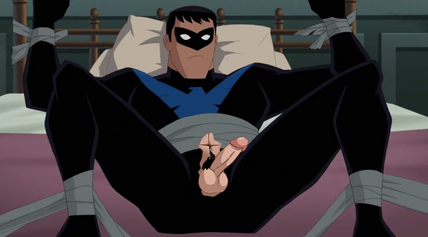 1boy balls batman_(series) dc dc_comics dick_grayson edit edited editfag erection genitals little_penis male male_only nightwing penis retracted_foreskin screencap screenshot screenshot_edit solo tied tied_hands torn_clothes uncensored uncut unknown_artist yaoi