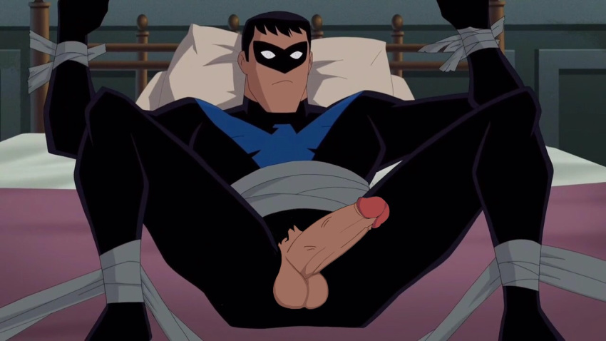 1boy balls batman_(series) dc dc_comics dick_grayson edit edited editfag erection genitals male male_only nightwing penis retracted_foreskin screencap screenshot screenshot_edit serious solo spread_legs tied tied_hands torn_clothes uncensored uncut unknown_artist yaoi