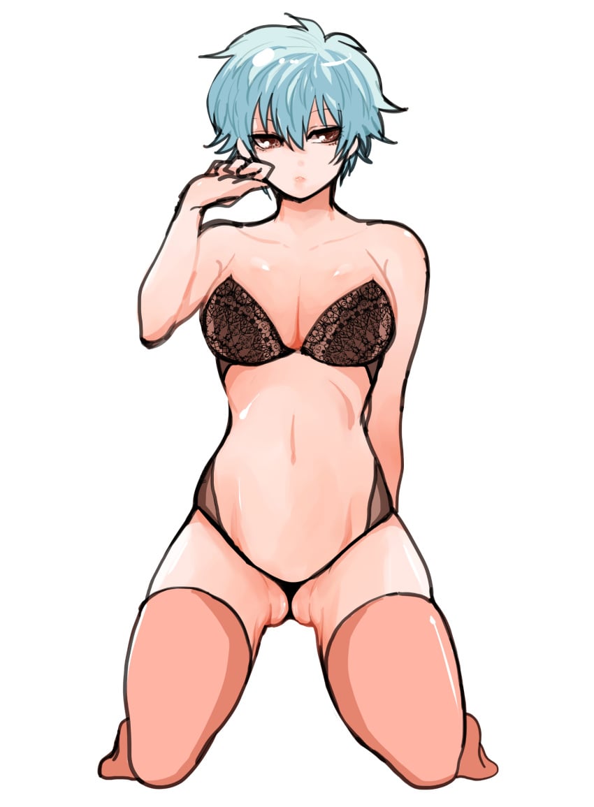 ass_visible_through_thighs big_breasts black_bra black_thong blue_hair bra brown_eyes canon_genderswap cleavage female female_only genderswap_(mtf) ginko_sakata gintama gintoki_sakata ichirentakusho kneeling lace lace-trimmed_bra lace_bra light_blue_hair lingerie rule_63 short_hair solo thighhighs thong very_short_hair