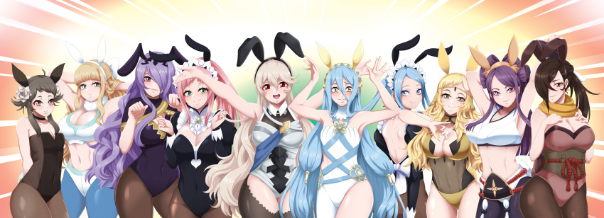 6+girls absurdres adapted_costume alternate_costume animal_ears armpits arms_up azura_(fire_emblem) back backless_outfit bare_back bare_thighs blonde_hair blue_hair breasts brown_hair bunny_ears bunny_girl bunny_pose bunnysuit camilla_(fire_emblem) charlotte_(fire_emblem) cleavage cleavage_cutout clothing_cutout corrin_(fire_emblem) corrin_(fire_emblem)_(female) felicia_(fire_emblem) female female_only fire_emblem fire_emblem_fates flat_chest flora_(fire_emblem) hair_ornament hair_over_one_eye hairband hands_in_hair highres inner_thighs kagero_(fire_emblem) large_breasts long_hair maid maid_headdress midriff mozu_(fire_emblem) multiple_girls nervous_smile nintendo ophelia_(fire_emblem) orochi_(fire_emblem) panties pantyhose pink_hair playboy_bunny ponytail purple_hair rabbit_ears rabbit_tail seityr smile tail take_your_pick thigh_cutout thighs twintails underwear yellow_panties