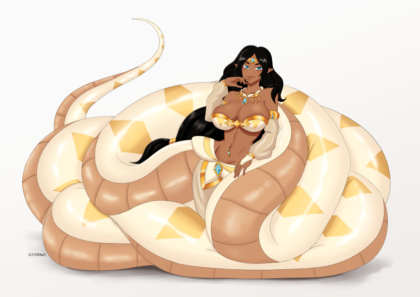 black_hair blue_eyes cleavage dark-skinned_female detached_sleeves draconcopode elfudraws huge_breasts jemisha_(violet_scales) lamia legless loincloth long_hair looking_at_viewer monster_girl navel_piercing pointy_ears snake_girl thick_naga_hips thick_thighs wide_hips