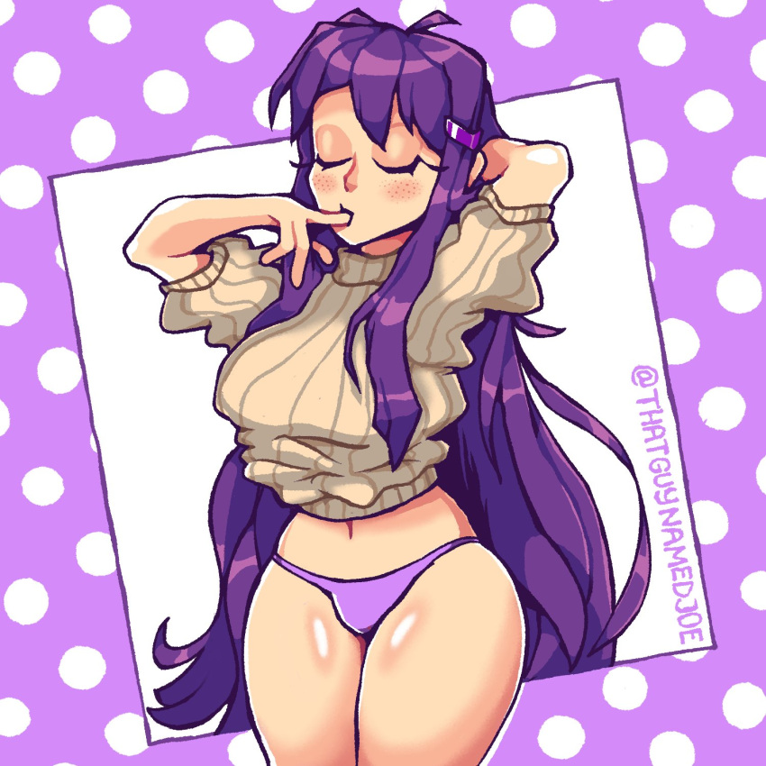 1girls artist_name belly_button closed_eyes color doki_doki_literature_club female finger_on_lips long_hair no_pants panties polka_dot purple_hair purple_panties solo standing thatguynamedjoe turtleneck turtleneck_lift turtleneck_sweater yuri_(doki_doki_literature_club)