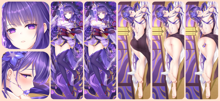 anus ass backless_dress backless_outfit bare_legs barefoot black_dress breast_press breasts bridal_gauntlets dakimakura_(medium) dress female floating_hair full_body futon gagged genshin_impact highres holding holding_sword holding_weapon human_scabbard indoors japanese_clothes kimono large_breasts long_hair looking_at_viewer lying mole mole_under_eye nipples obi object_insertion on_stomach parted_lips purple_eyes purple_hair purple_kimono purple_thighhighs pussy raiden_shogun sash shiny shiny_hair short_kimono sleeveless sleeveless_dress soles summer-d_(dodojune) sword thighhighs vaginal_object_insertion vaginal_penetration very_long_hair weapon zettai_ryouiki