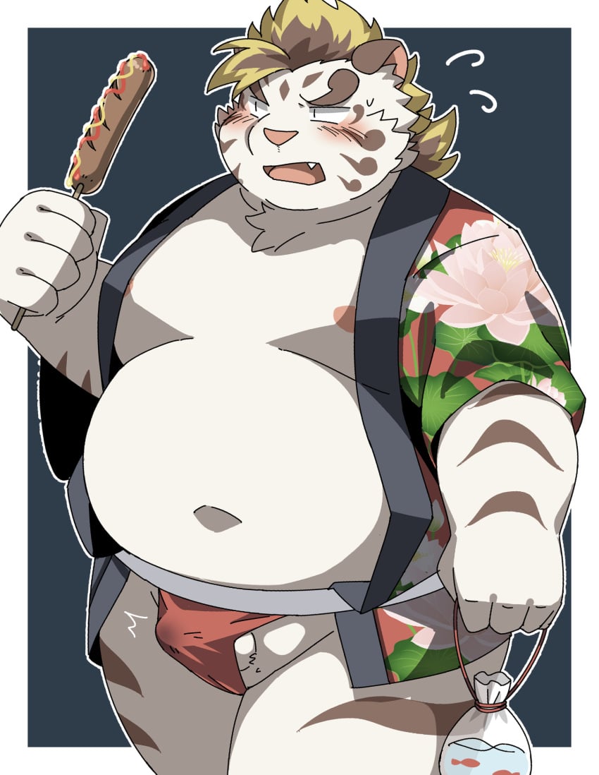 1boy 2022 anthro balls belly big_belly blush bulge clothing felid food genitals hi_res kemono licho_(tokyo_afterschool_summoners) lifewonders male male_only mammal moobs navel nipples overweight overweight_male pantherine ptcmtr solo tiger tokyo_afterschool_summoners underwear video_games white_body