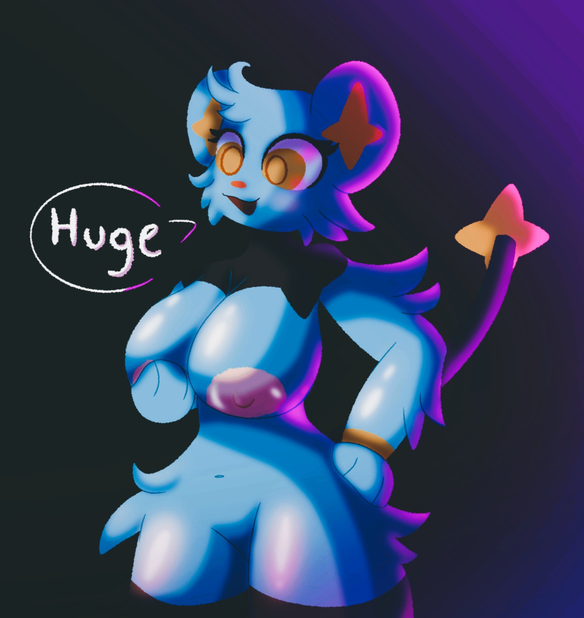 2022 anthro big_breasts black_fur blue_fur breasts female female_anthro female_only fur furry furry_only huge_breasts huge_thighs incapacity mammal nintendo nipples pokémon_(species) pokemon red_nose shinx tagme text thick_thighs thighs video_games yellow_fur