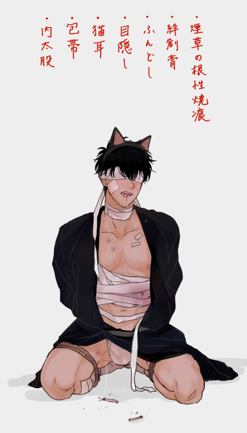 arms_behind_back bandages black_hair blindfold blood bondage bound bruise bruised cat_ears cigarette cigarette_burn fake_animal_ears gintama hijikata_toshiro injury japanese_text kimono male male_only nuis open_kimono reverse_ryona rope solo sweat wounded