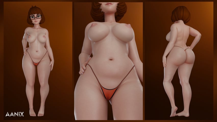 1girls 3d aanix back_view big_ass big_breasts big_butt bikini brown_hair female_only front_and_back front_view glasses hand_on_hip light-skinned_female navel nipples scooby-doo solo solo_female tagme thong topless velma_dinkley