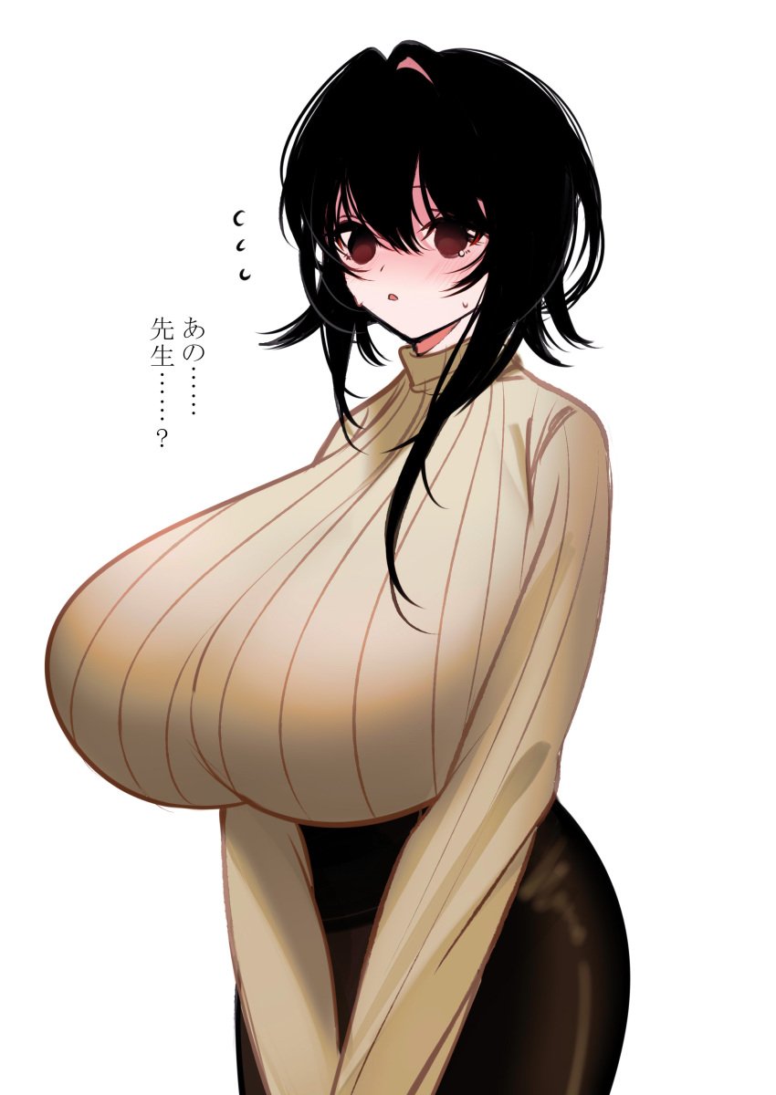 1girls big_breasts black_hair blush blushing breasts curves curvy curvy_body curvy_female dark_hair embarrassed female female_only heavy_blush huge_breasts japanese_text kurokuroooi large_breasts shy sweater tagme text tight_clothing translation_request turtleneck turtleneck_sweater white_background