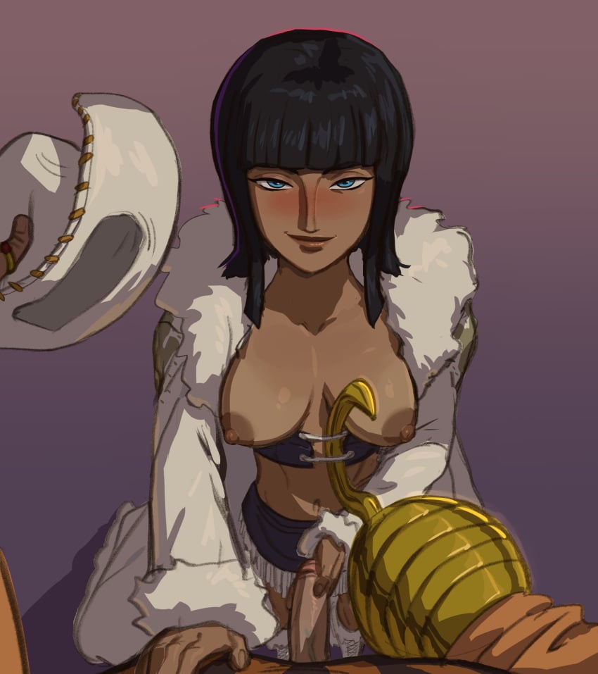 1boy 1girls arabasta_saga black_hair blue_eyes blush breasts breasts_out coat cowboy_hat dark-skinned_female female fringe_trim fur_trim hand_on_chest hand_on_penis hook_hand long_hair looking_at_viewer male male_pov medium_breasts medium_hair miss_all_sunday nico_robin nipples one_piece pears_(artist) pre-timeskip sir_crocodile smile smirk tan_skin unseen_male_face