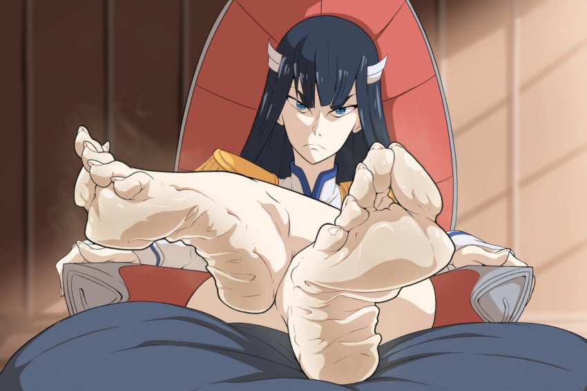 angry barefoot black_hair feet feet_together feet_up femdom foot_fetish foot_focus kill_la_kill kiryu-sketchbook kiryuuin_satsuki looking_at_viewer soles solo solo_female toes wrinkled_feet